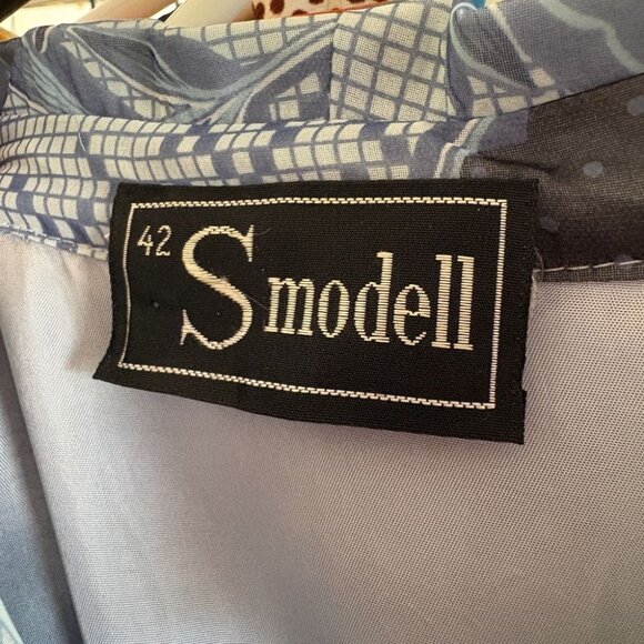 vintage 80s dress blue floral border print secretary belted pleated midi L - Picture 13 of 13